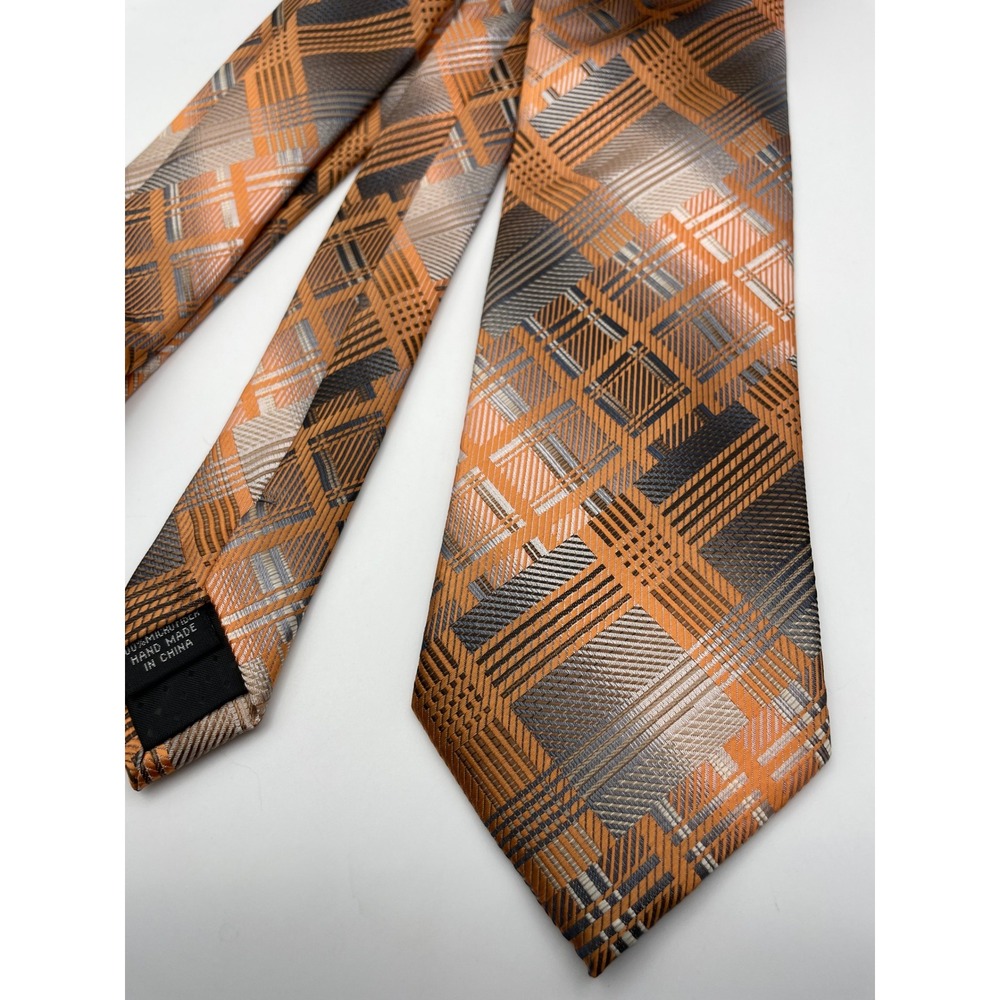 Stacy Adams Mens Necktie Orange Silver Grey Geometric Plaid Microfiber Hand Made